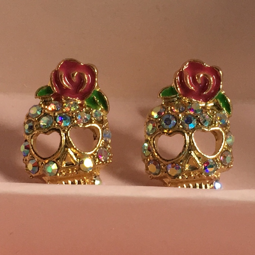 New! Sugar Skull Rhinestone Earrings - Picture 5 of 12